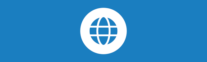 A white globe icon with grid lines on a blue background.